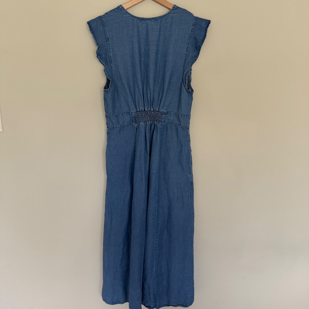 Marine Layer Camila Blue Chambray Midi Dress L V Neck Flutter Sleeve Worn Once - Picture 5 of 10